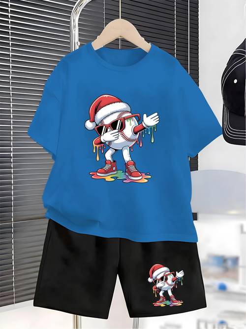 photo de l'article ensemble de baseball de noël 2 pièces, t-shirt de baseball cool peint en aérosol avec ensemble de short et t-shirt imprimé de chapeau de noël, vêtements de sport dété décontractés et respirants en polyester, pour lextérieur