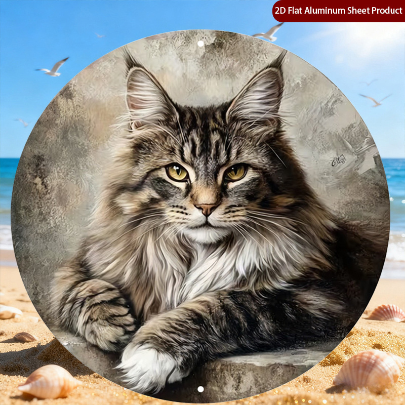 TEMU 2d Flat, 1pc Long Haired Cat Round Sign,detailed Portrait Decorative Plaque,y Fur Round Plaque, Feline Metal Wall Decor, Wall Decor Signs For