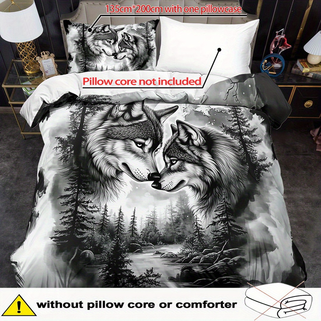 TEMU Quilt Cover Set 2/ 3pcs, Forest, Twin Wolves Print Duvet Cover Set, King Bedding, Polyester Machine Washable, Quilt Decoration, Bedroom ,