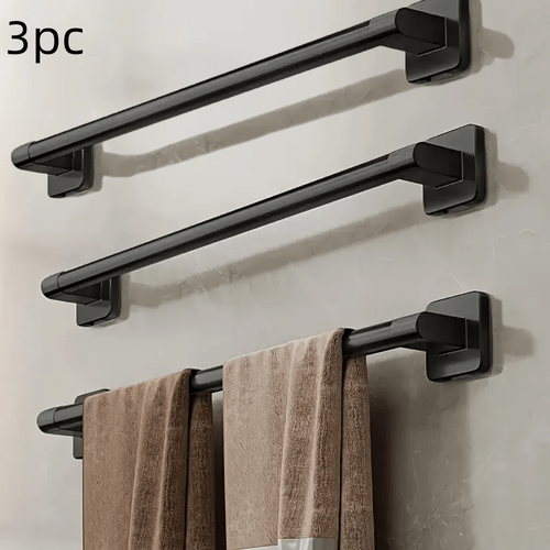 3pcs black no drill wall mounted towel rack strong load capacity single bar holder for towels and washcloths space saving bathroom organizer with sleek end home and kitchen use spacesaving storage contemporary decor
