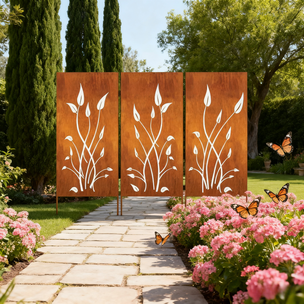 Outdoor Privacy Screen (3pcs Set), Outdoor Metal Wall Decoration, Large Metal Wall Sculpture, Wrought Iron Wall Art, Metal Garden Flowers