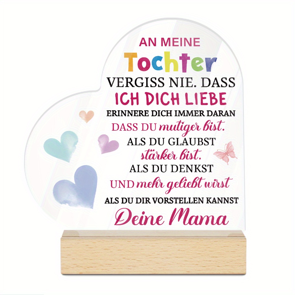 Image of 2d Flat, 1pc Putuo Decor German Message Acrylic Sign With Wooden Base - "to My Daughter, That I Love You" - Ideal Desktop Decoration For Home & Farmhouse, Gift From Mom