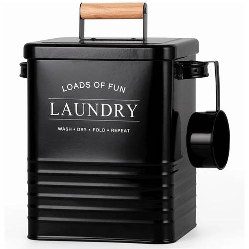 a metal laundry soap dispenser laundry detergent container holder with spoon for laundry room decor and space saving laundry organization and storage laundry detergent container shower caddies