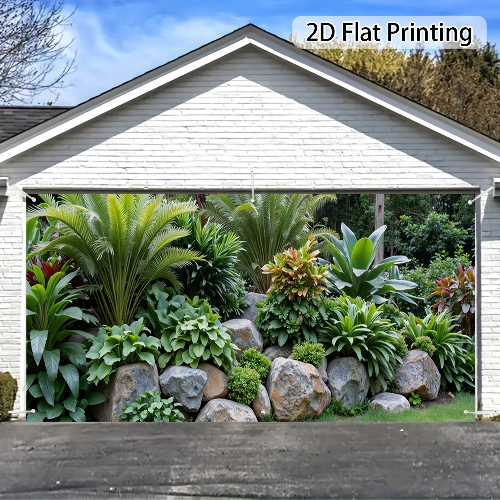 TEMU 2d Flat Printing Pc Greenery Vertical Garden Art Banner - Tropical Plants & Rocks Design With Foliage, Durable Fabric Vertical Wall Panel