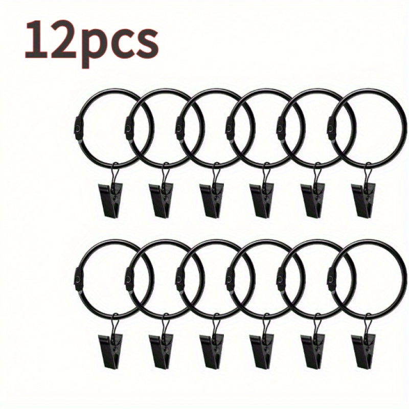 E-shop 12 Stück Schwarze Metallvorhangringe mit Klammern - 5.1cm Verstellbare Bewegliche Haken, Zeitgemäßes Design für Einfache Montage & Demontage,