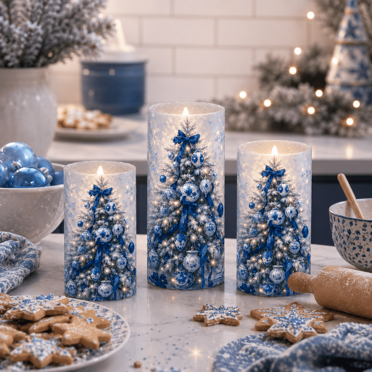 TEMU 3pcs Blue And White Porcelain Christmas Flameless Candles, Elegant Snowy Tree Pattern Flickering Candle Lights, Holiday Table Centerpiece Decor