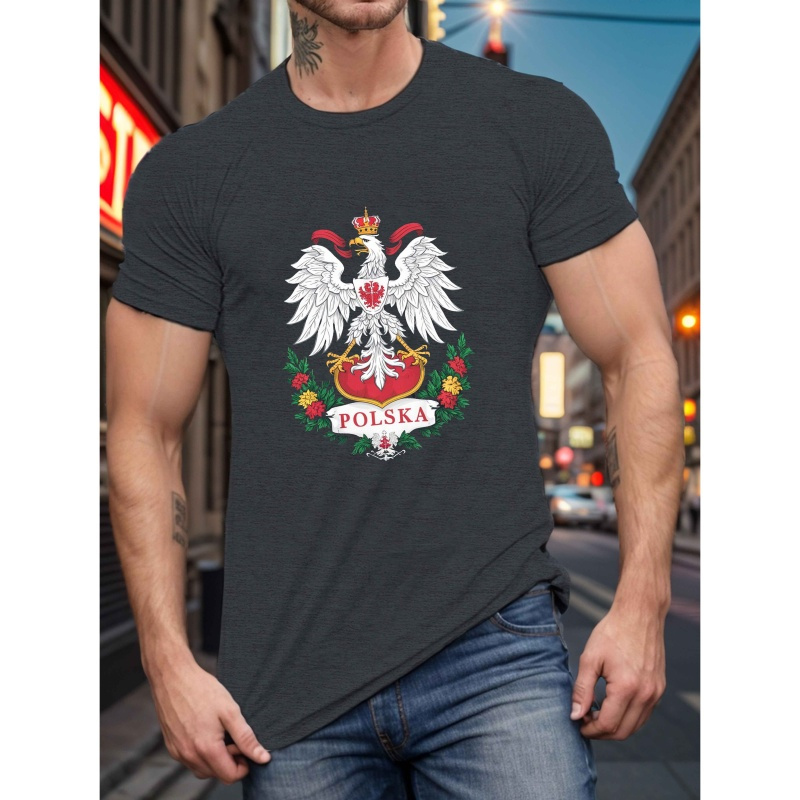 

1pc Men's Casual Eagle Poland Print T-shirt, Summer Short Sleeve Round Neck Polyester Knit Tee, Regular Fit Adult Top