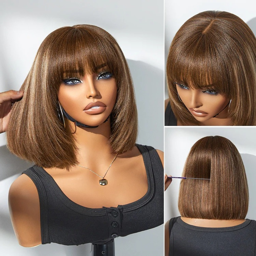 TEMU 180% Density 3x1 Top Lace Wig With Bangs Straight Short Bob Human Hair Wigs For Women Brazilian Highlight Brown 4/ 27 Middle Part Bob Lace Wigs
