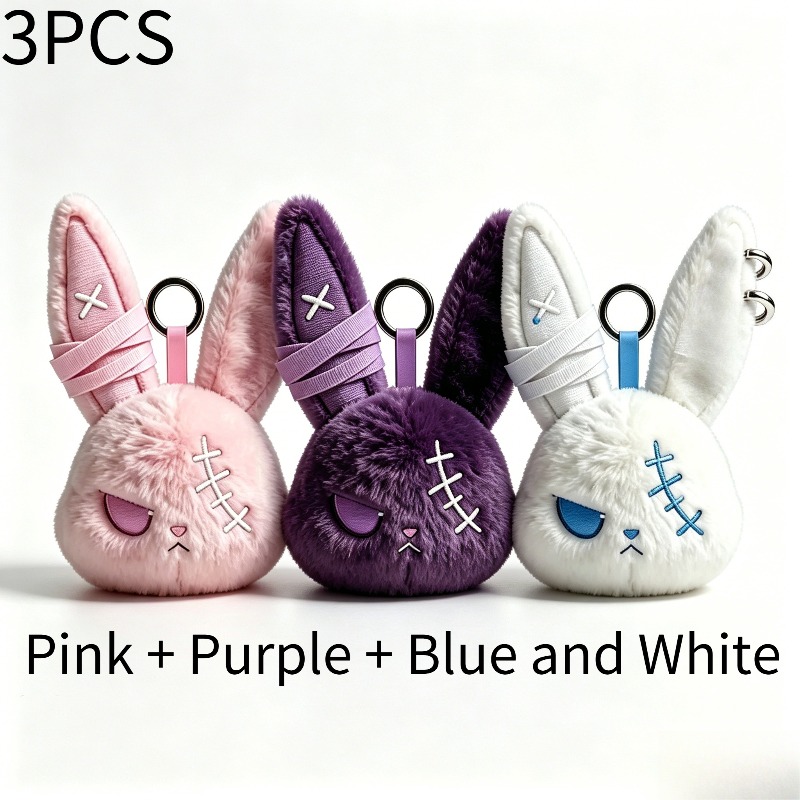 TEMU 3pcs Gothic Bandage Stitched Rabbit Plush Keychains, Edgy Dark-style Rabbit Head Bag Charms, Unique Plush Animal Key Ornaments For Women