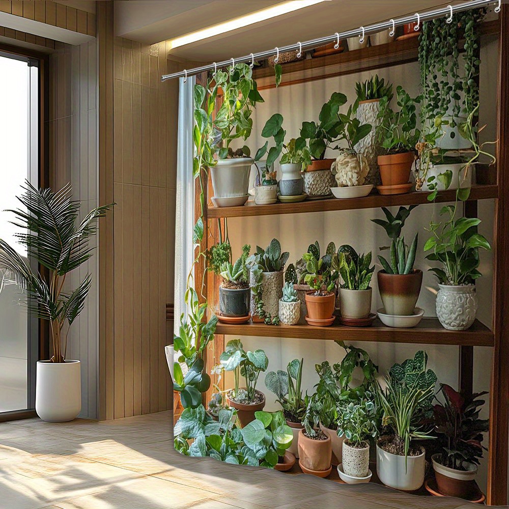 TEMU 1pc Indoor Plant Shelf Shower Curtain With Succulents, Greens & Flowering Plants , Terracotta & Glass Pots - Decor, 12 Hooks, 70x70 Inches,