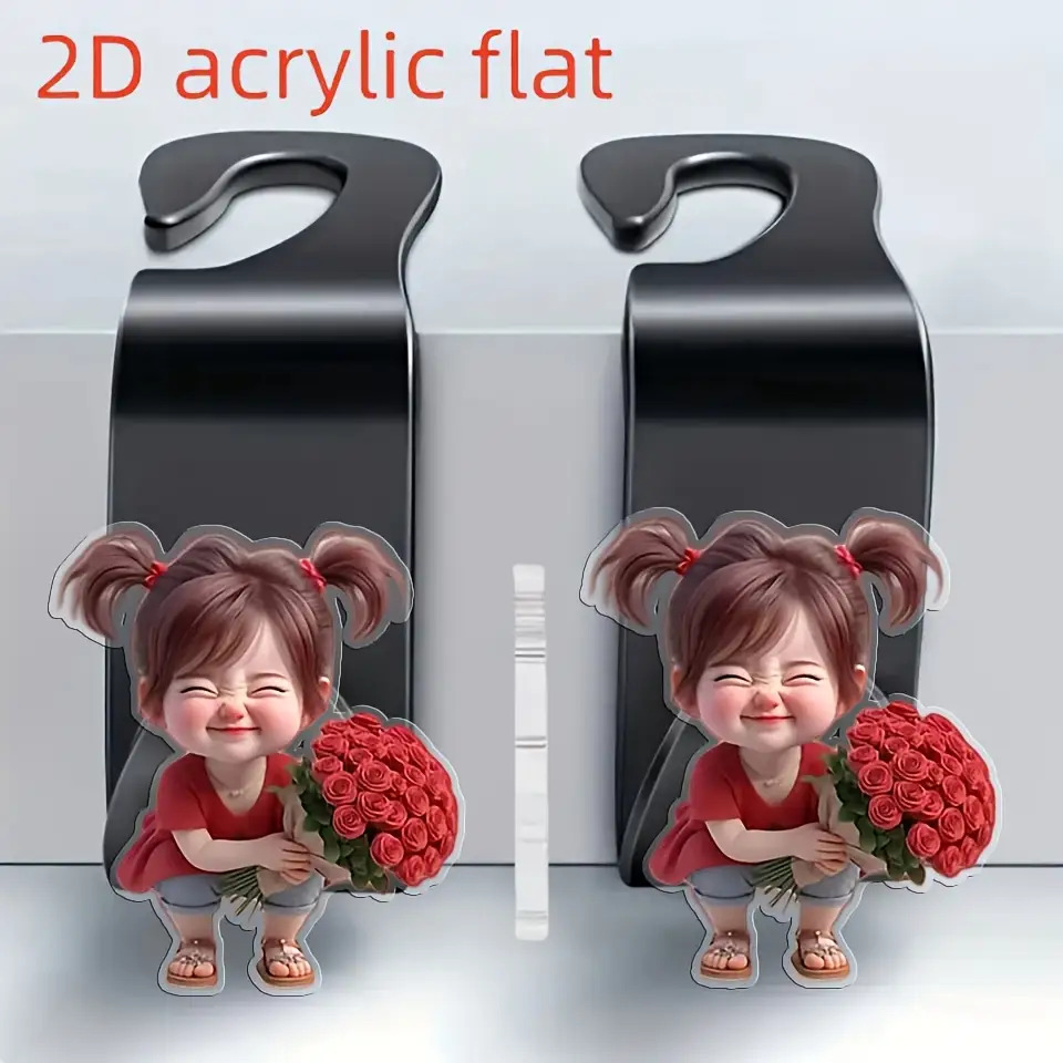 TEMU 2d Flat Design, 2pcs Set Of Cute Girl And Flower 2d Acrylic Car Seat Hooks- Suitable For Hidden Rear Seat Storage, Multifunctional Vehicle