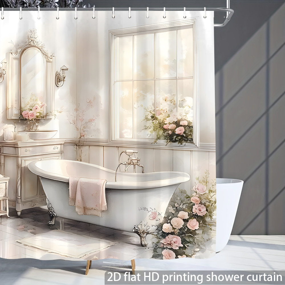 TEMU 2d Flat 1pc White Bathtub And Floral Decoration Printed Shower Curtain, High-end Elegant Shower Curtain Decor, No Punching Required With