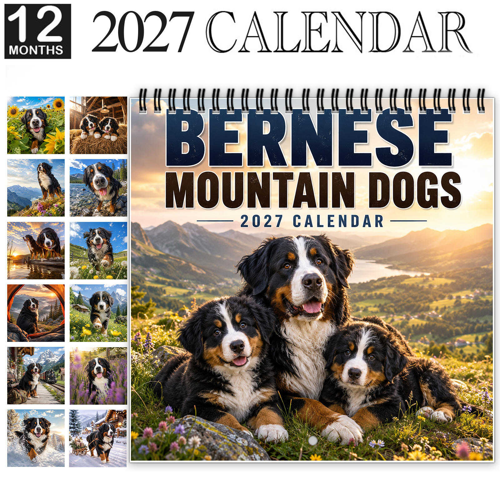 TEMU 1pc 2027 Bernese Wall Calendar, Spiral-bound 12-month Calendar With Large Date Blocks, Features Bernese Dogs In Diverse Scenic, Outdoor And
