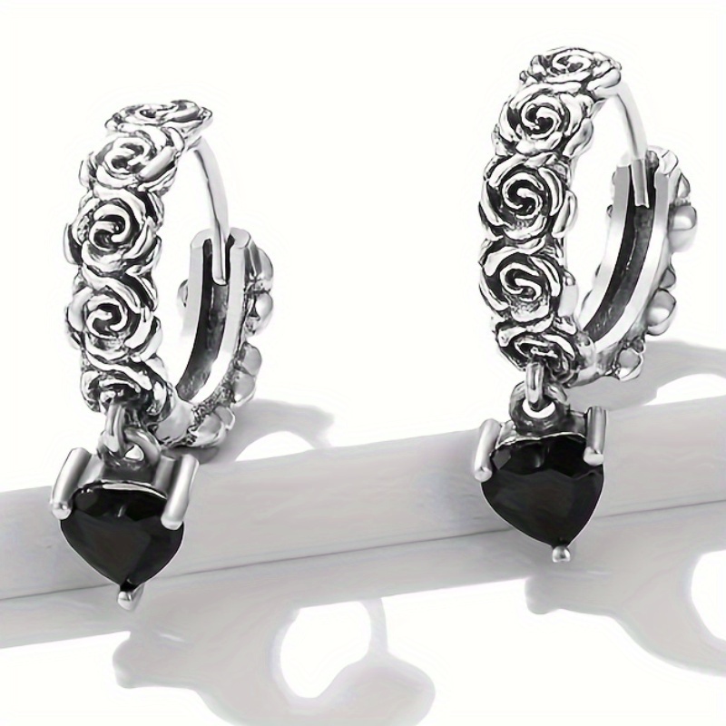 Romantic Rose Flower Hoop Earring Fashion Black Zirconia Heart Earrings For Women Daily Party Circle Earrings Valentine's Day Gift Jewelry