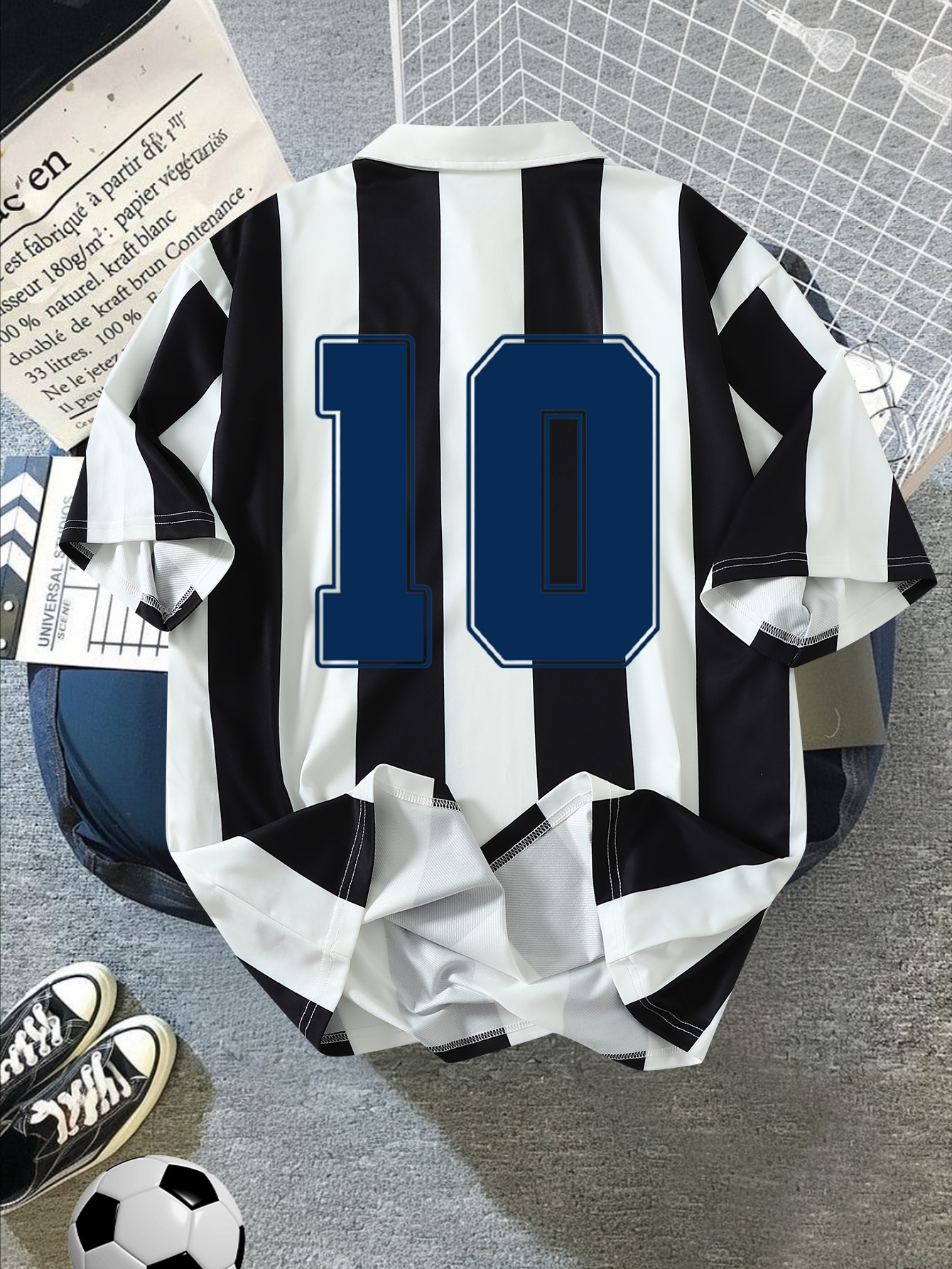 men's black white striped football team shirt breathable