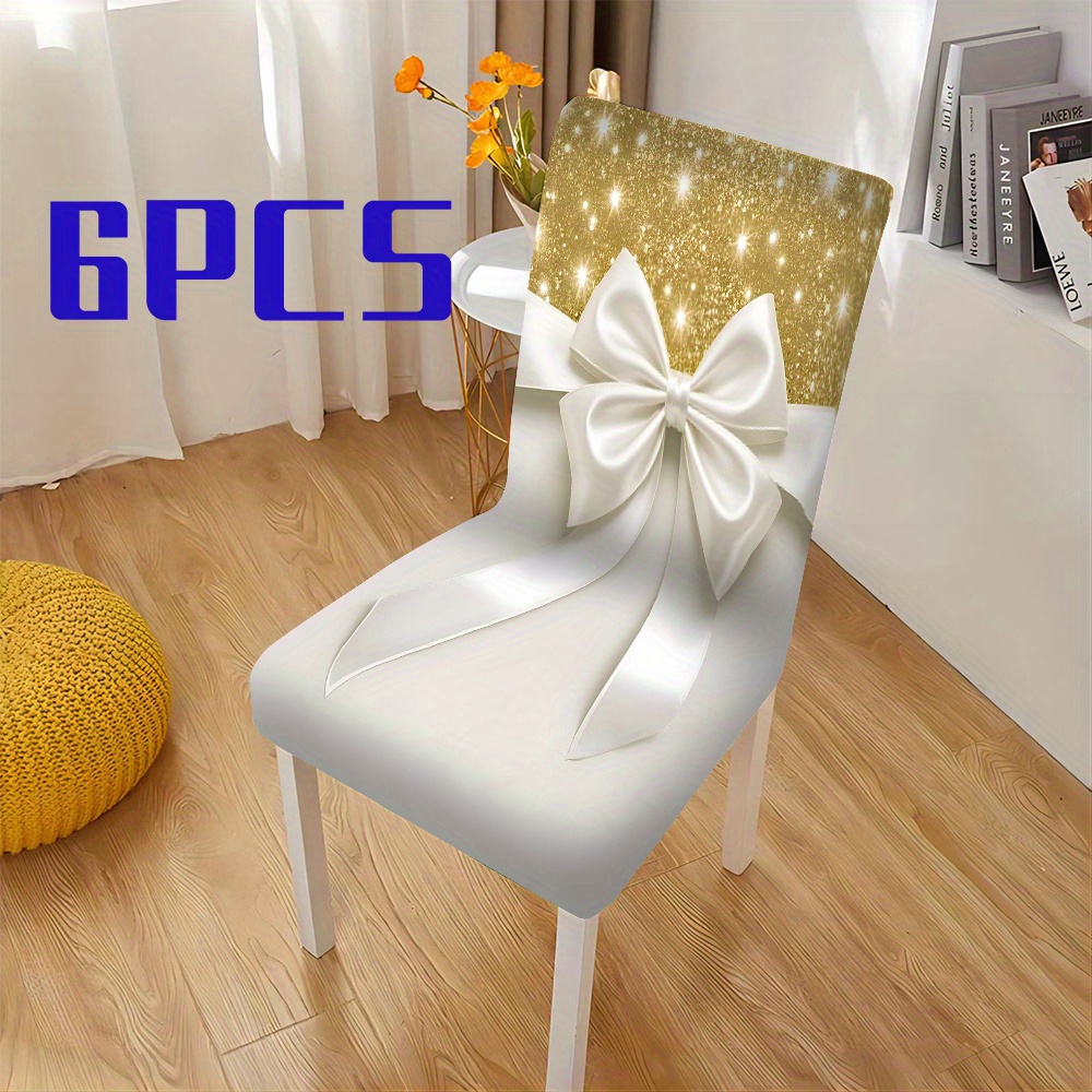 TEMU 1pc/2pcs/4pcs/6pcs Christmas Decoration Tablecloth White Bow With Golden Glitter Background Print Chair Cover, Full Coverage Seat Cover, Dining
