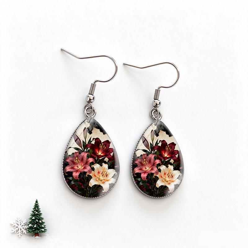 Gothic Red White Lily Floral Tear Drop Earrings