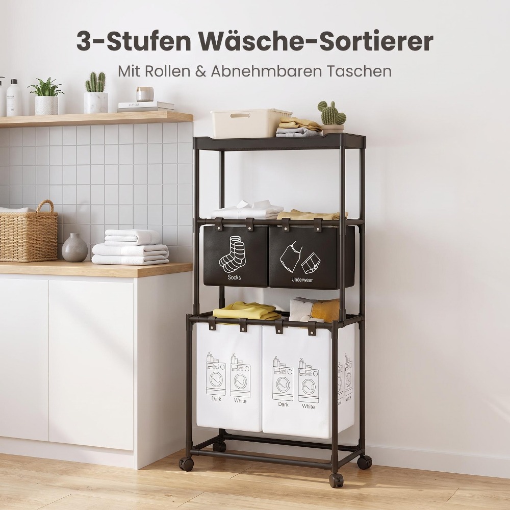 3 Layer Movable Dirty Clothes Sorting And Storage Rack With Sorting Machine, Laundry Basket With 2 Hanging Bags And 2 Large Bags On Layer, Equipped With 4 Wheels, , Suitable For Bathrooms