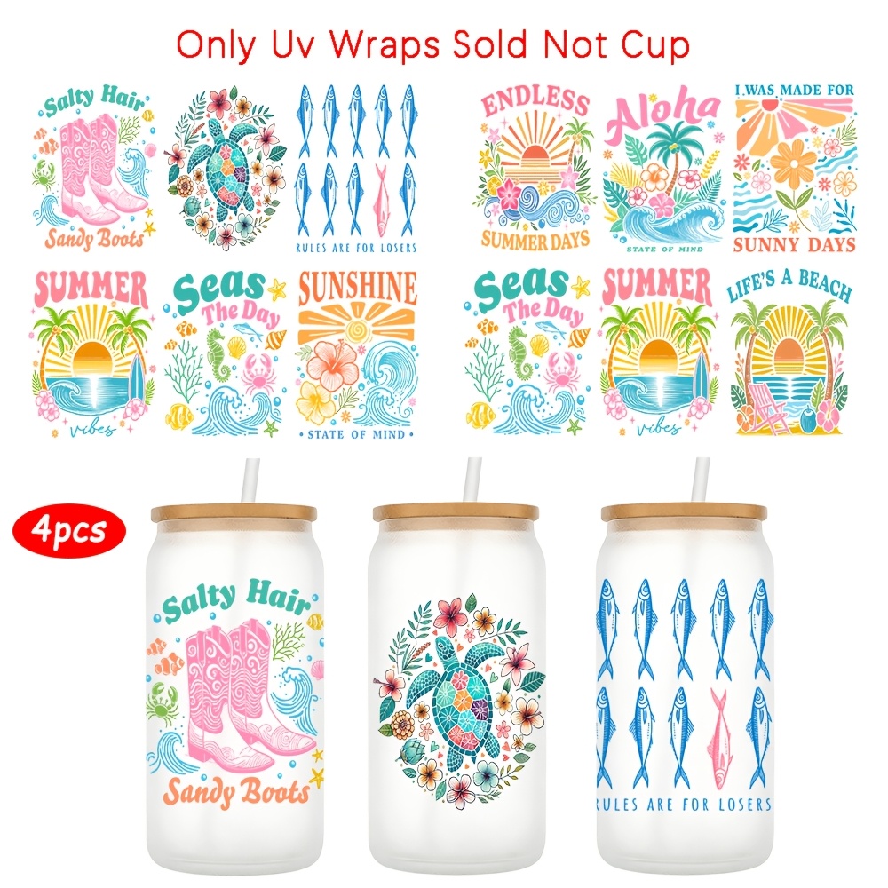 TEMU 4-pack Aloha Summer Beach Uv Transfer Suitable For 16oz Glass Cups, Waterproof Vinyl Diy Cup With Hawaiian Hibiscus & For Iced Tumblers,