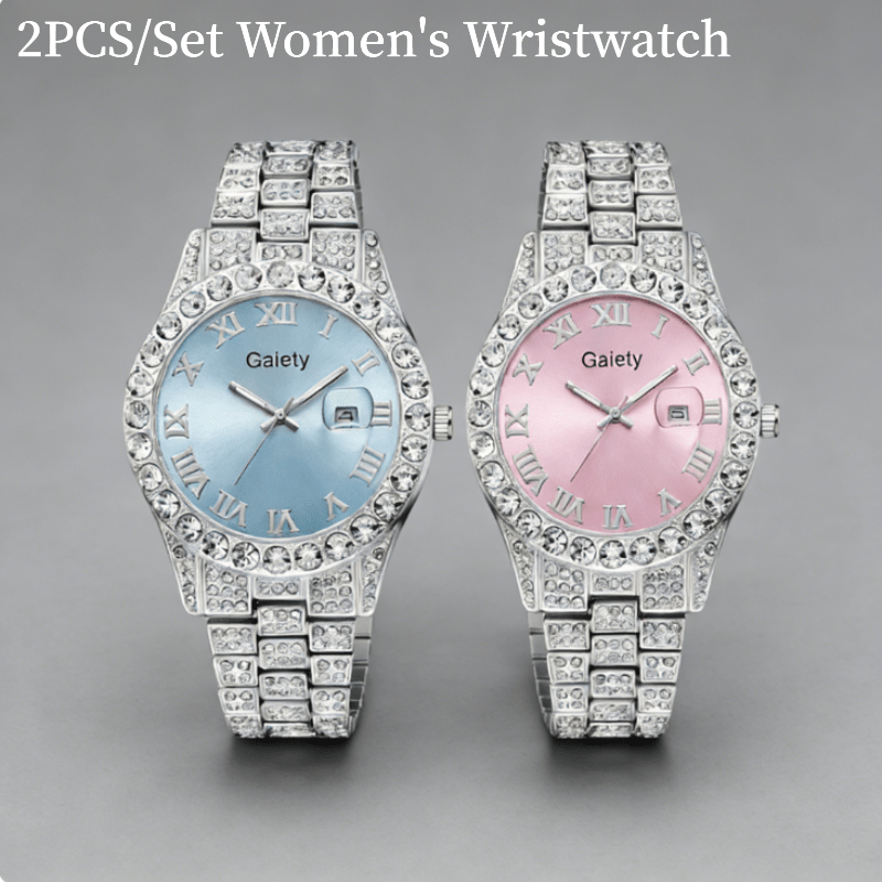 TEMU 2pcs Elegant Women's Wristwatch Set, Roman Numeral Dial, With Calendar Display Watch, Ladies Watch Jewelry Set, Suitable For Daily Clothing