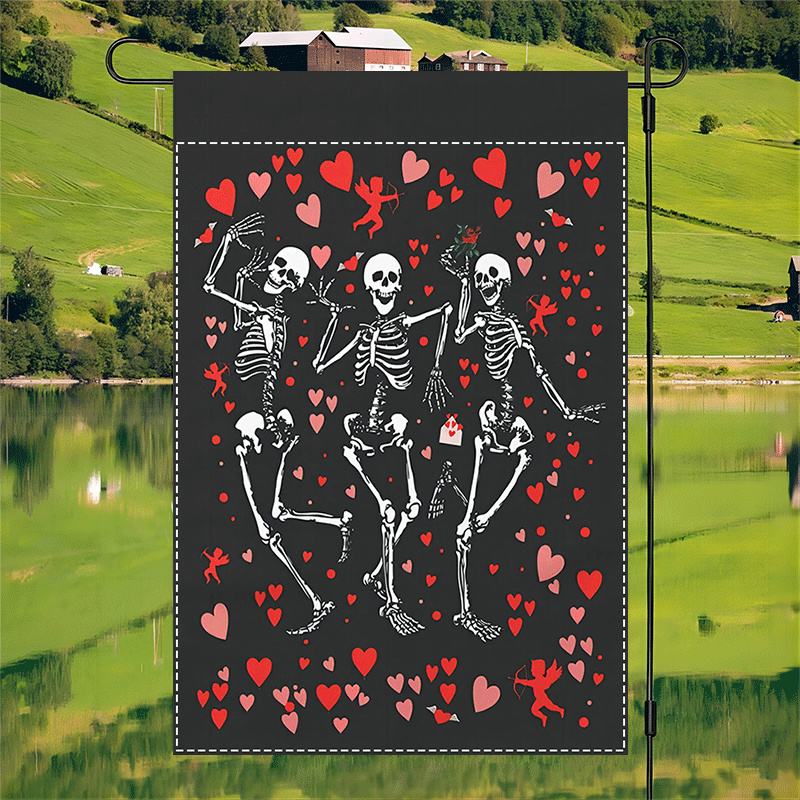 

1pc Valentine's Day Garden Flag, Happy Skeleton Dance Design With , Double-sided Waterproof Polyester, Outdoor Patio Porch Lawn Decor, 12x18 Inches, No Electricity Needed