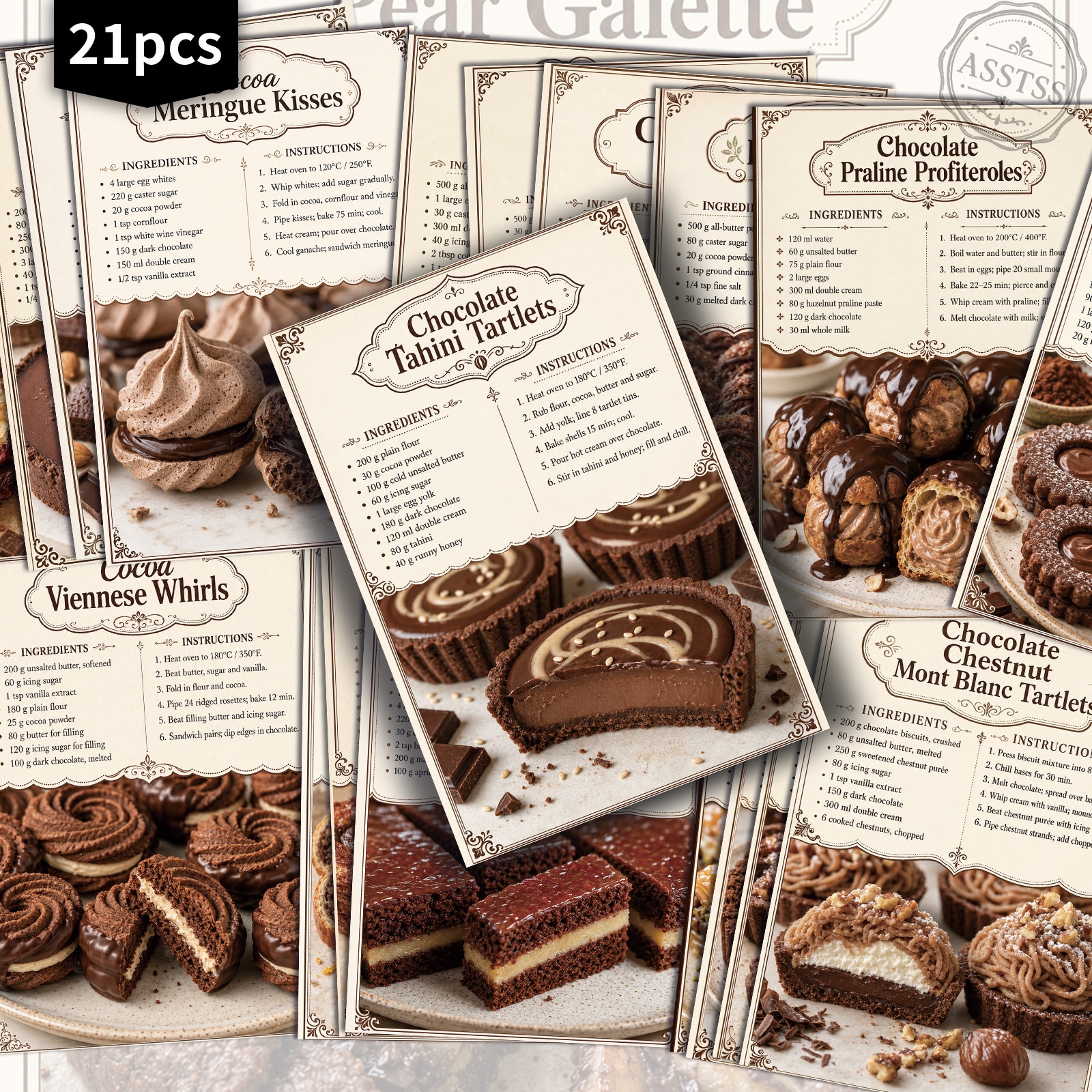 TEMU Lot de 21 cartes postales ASSTSS Vintage Recettes de Desserts au Chocolat - 4X6 pouces Rétro Junk Journal Supplies, Illustrations Classiques