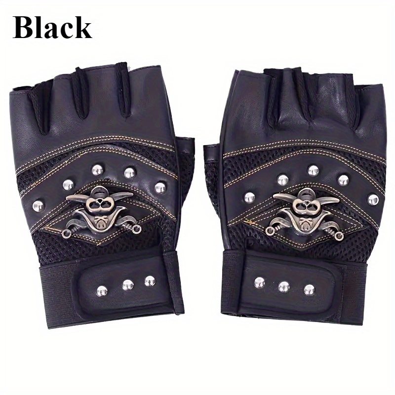 TEMU 1-pair Punk Pirate Gloves - Breathable Half- Hand For Cycling, Gym Training, Outdoor Sports & Cosplay - Adjustable Closure Suitable For Workout,