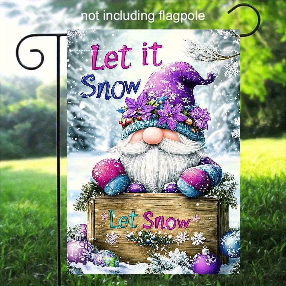 TEMU 1pc Double-sided Linen Garden Flag - Festive Snowman With Purple Hat & Colorful Eggs Design, " Snow" Text, Weather-resistant Christmas Outdoor