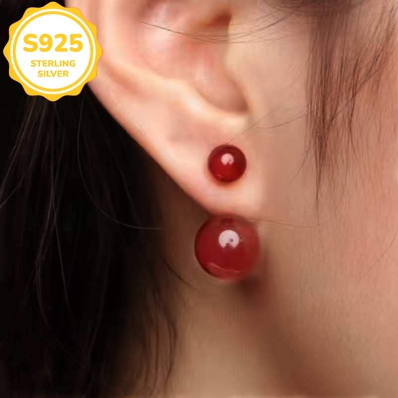 Women's Red Agate Stud Earrings, Hypoallergenic S925