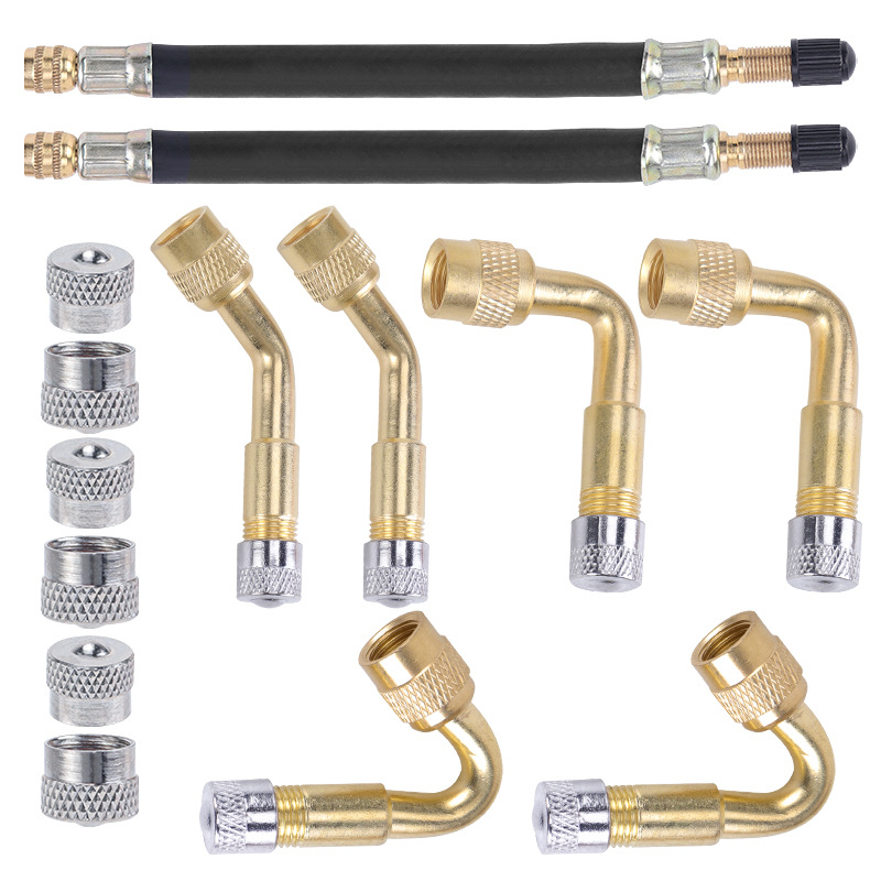 E-shop 210-teiliges Set: 2 schwarze Schläuche, 2 goldene gebogene Ventileinsätze mit jeweils drei verschiedenen Winkeln, plus 2 kleine Netzhauben 6