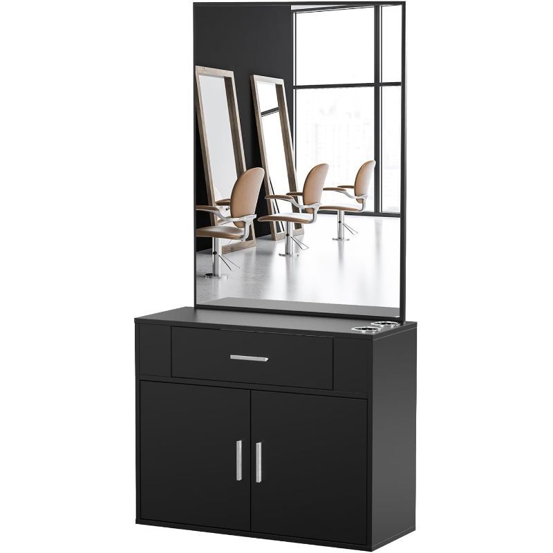 TEMU Omysalon Wall-mounted With Mirror - Black & White , 1 Storage Cabinet, 2 Hair Dryer Holders, 1 Drawer & 1 For Home Or Salon, Salon Accessories, , Durable Construction