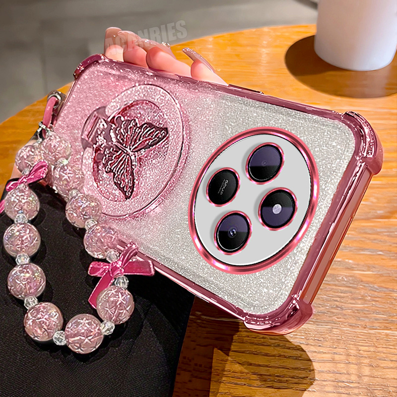 TEMU Phone Case: Redmi14c 4g Luxury Glitter Bracket Folding Holder With Bead Lanyard Wrist Strap Chain And Gradient Plating Phone Case For Xiaomi 14c