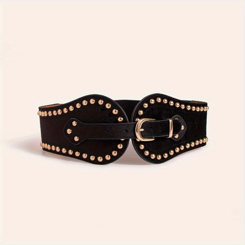 2317 Women\'s Fashion Vintage Suede Rivet Elastic Wide Belt Adjustable 10 Rivet Beige Suede Leather Belt main image 2