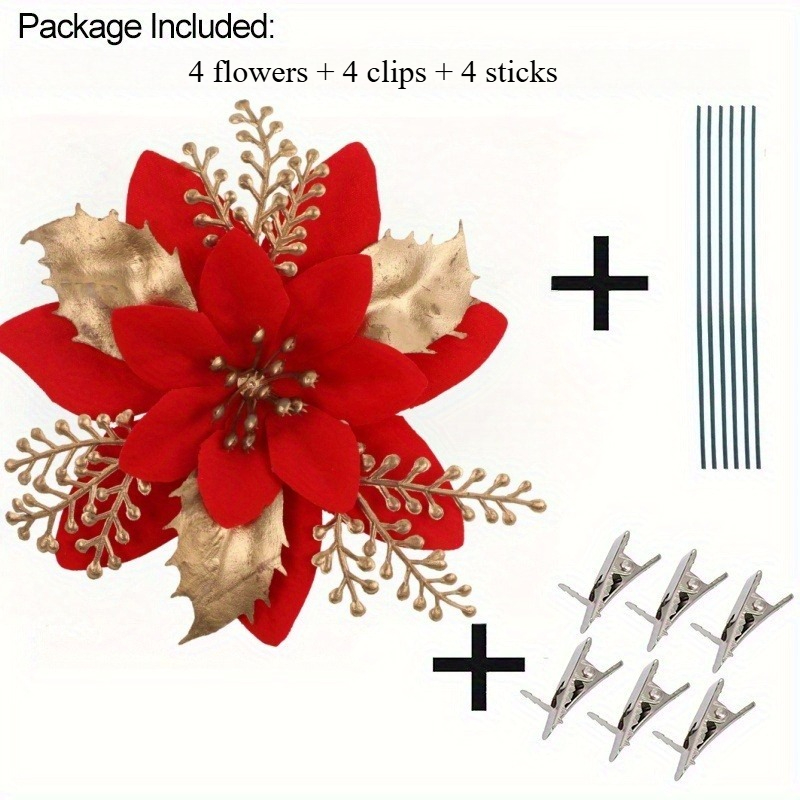 TEMU 12 Shiny Outdoor Poinsettia Artificial Flowers With Stems And Clips - Red And Golden Christmas Tree Wreath, Bouquet, Holiday Decorations,
