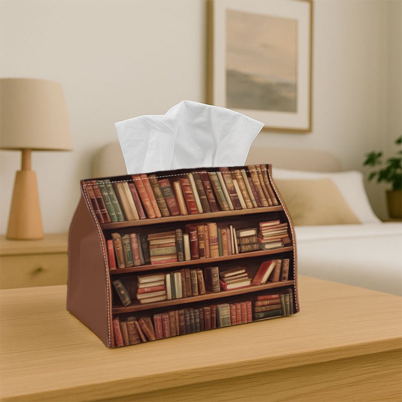 TEMU 2d Flat 1pc Vintage Artistic Library- Decorative Tissue Box, Bookshelf Illustration Classic- For Home, For Party, Car, Kitchen And Bathroom-
