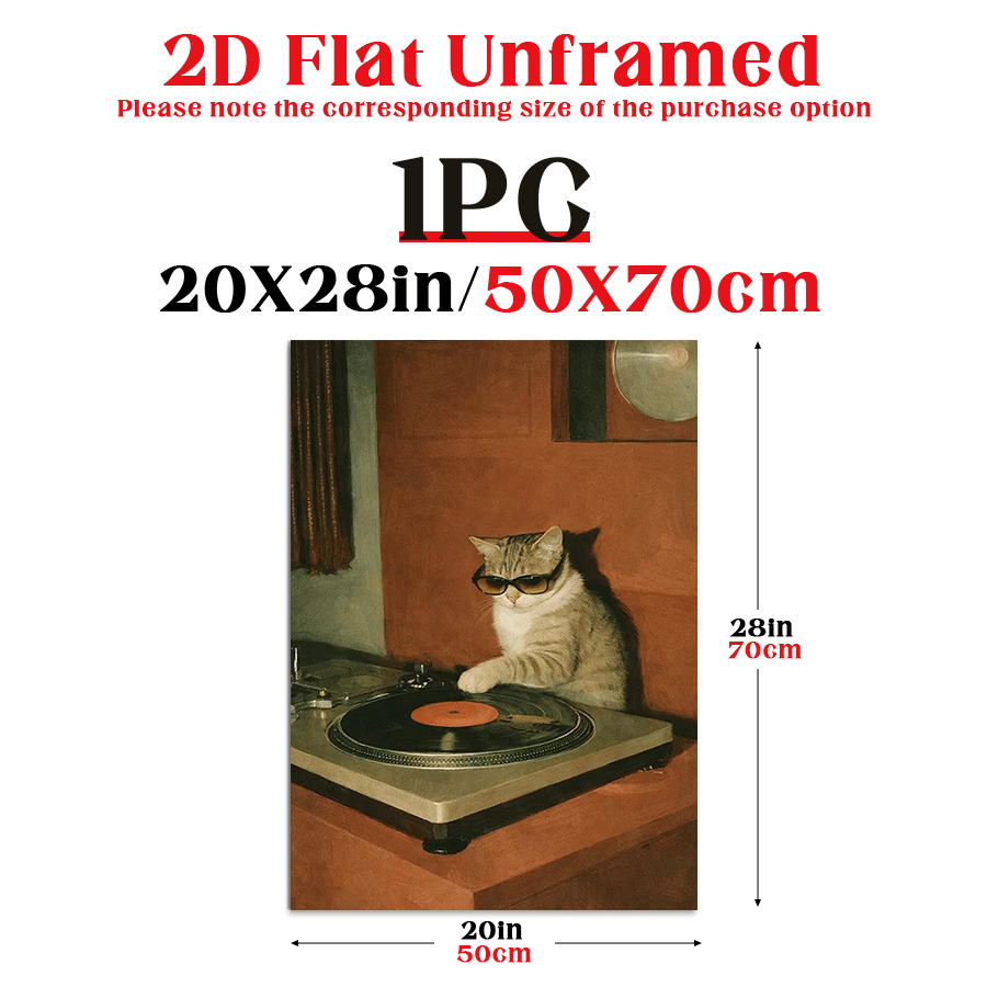TEMU 2d Flat, 2d Flat Posters And Prints, Cool Dj Cat Wall Art Poster, Retro Modern Canvas Print, Music Vinyl Turntable Scene For Living Room Bedroom