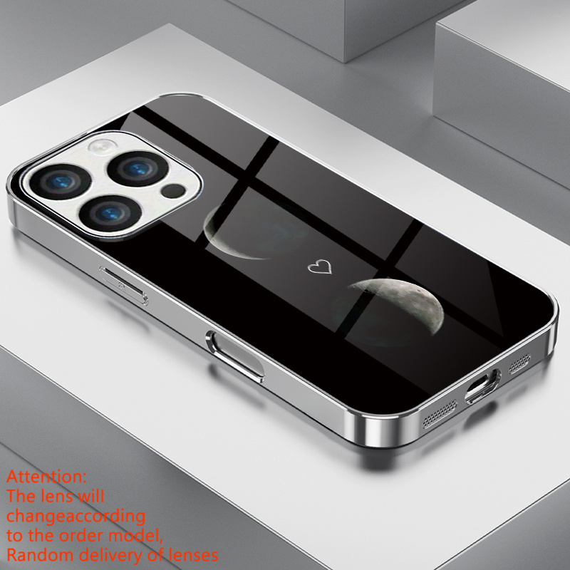 TEMU Phone Case: Simple And Stylish Moon And Heart Pattern Electroplated Tempered Glass Phone Case, 1pc, Random. Suitable For Iphone