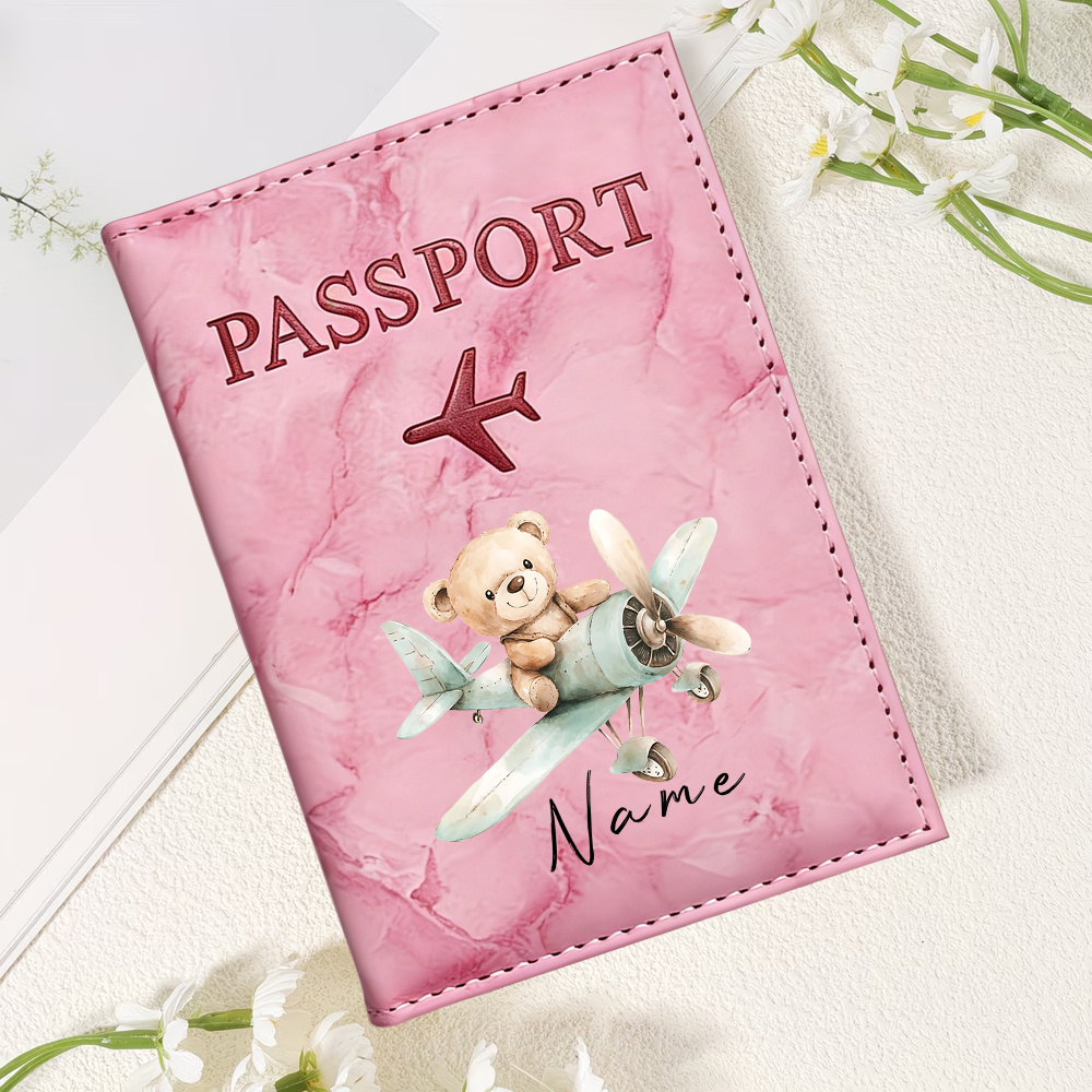 TEMU 1pc Cartoon Bear Print Custom Name Passport Holder, Personalized Lightweight Travel Wallet, Suitable For Business Travel, Holidays, And