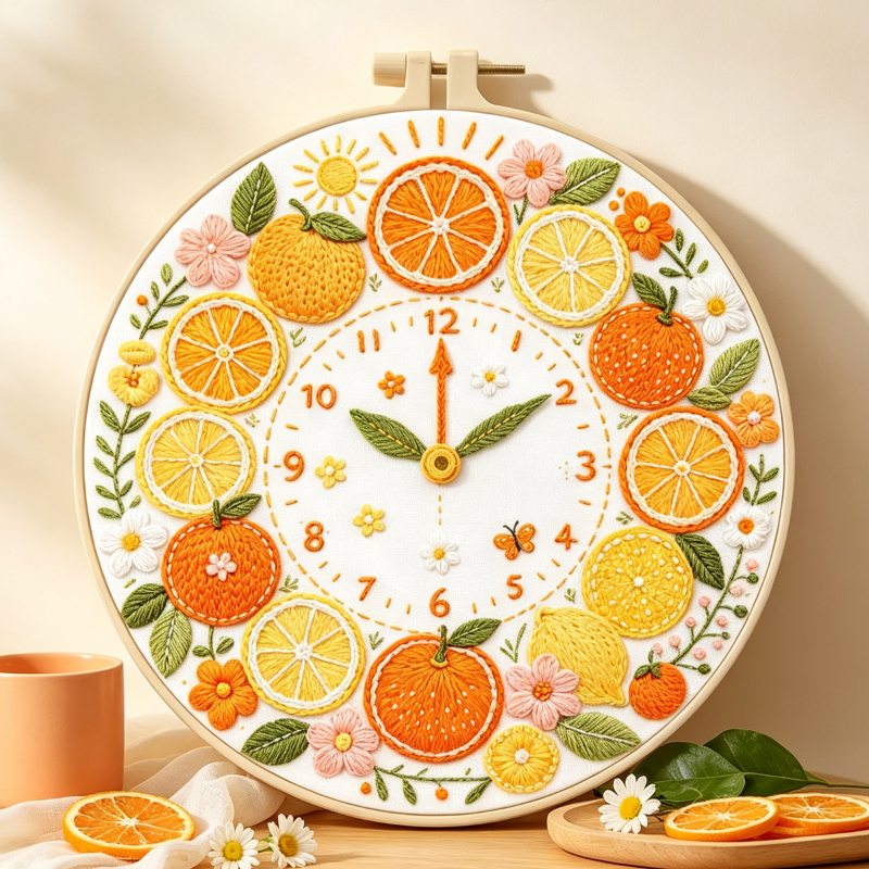 Citrus Clock Embroidery Kit, Beginner Full Tool Set
