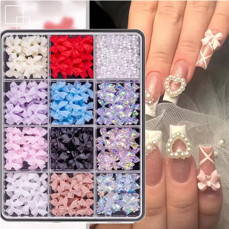 TEMU Random Mixed Abs Bow Nail Art Decorations - 3d Colorful Ribbon Bows, White , Cute Nail Art Accessories For Nail Supplies