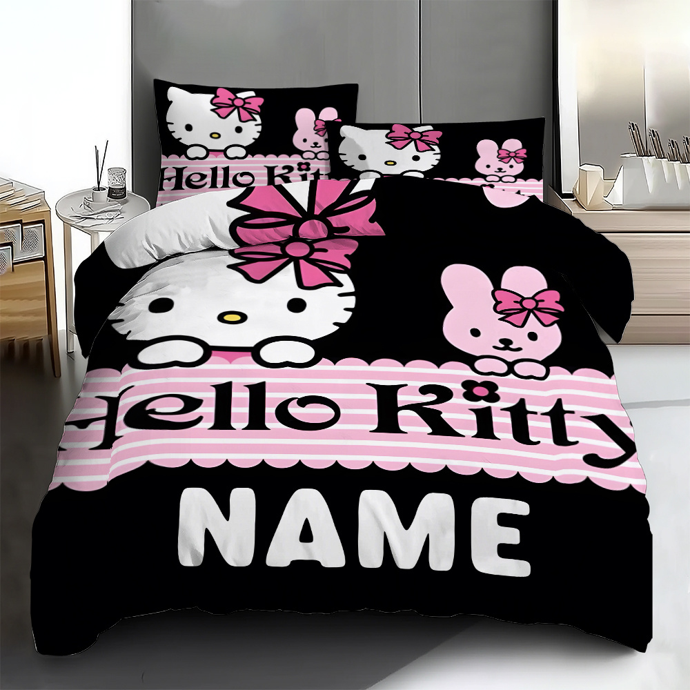 

3pcs Sanrio Hello Kitty Customizable Bedding Set - Personalize , Soft Polyester Duvet Cover & 2 Pillowcases, Black With Pink Accents, Machine Washable, Ideal For ' Rooms & All