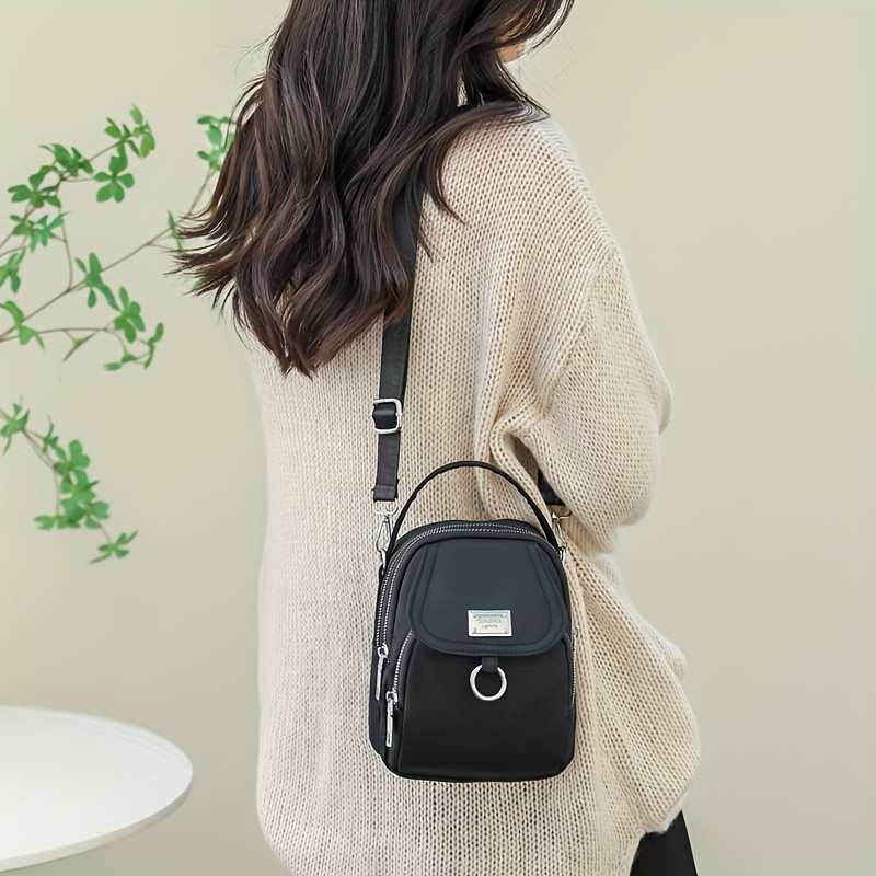 lightweight nylon womens messenger bag casual mini handbag with multi zipper compartments detachable adjustable shoulder strap front pocket   in lavender black dark purple grey brown sapphire blue small crossbody bag versatile travel purse secure zipper closure details 8