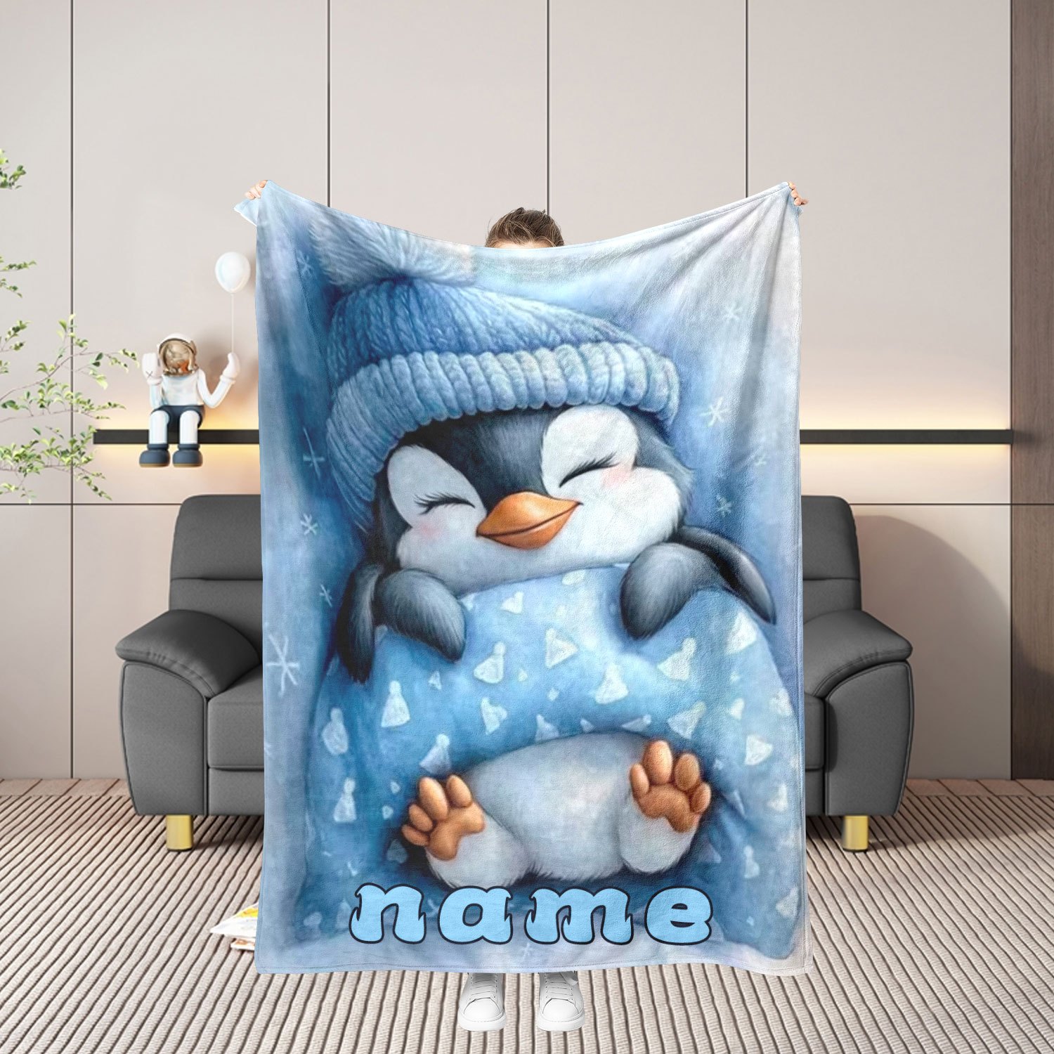 TEMU 1pc Custom Name Penguin Blanket â Lightweight Flannel Sofa Blanket, Suitable For Outdoors, Camping, Living Room, Office, Chairs, And â Printe