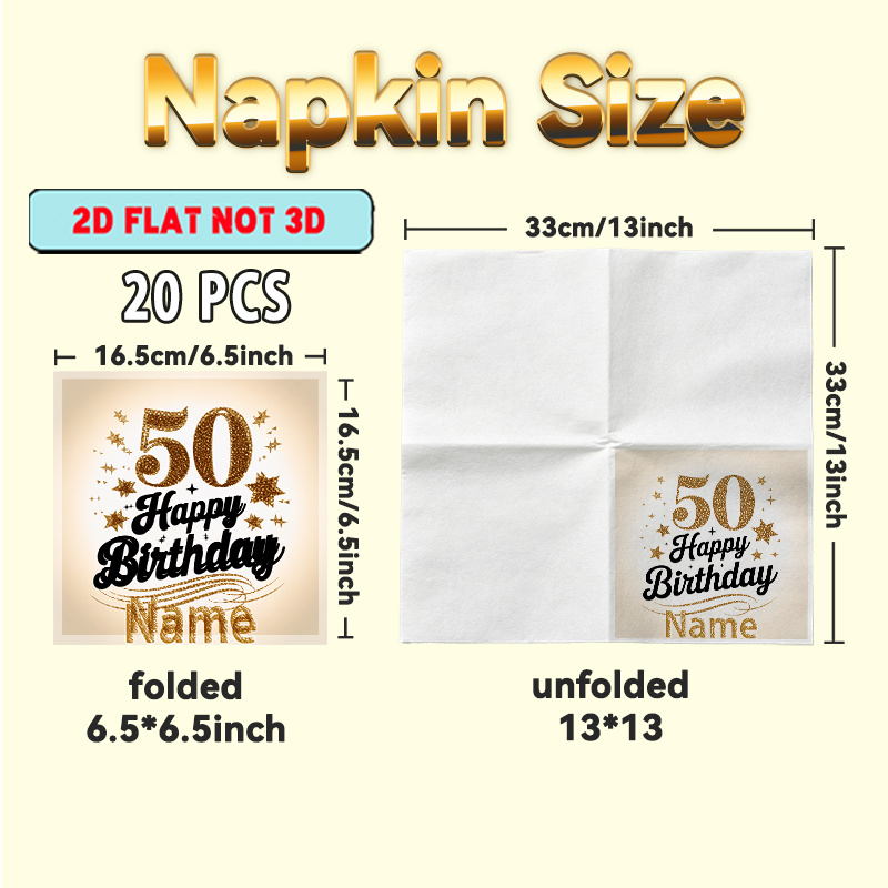 TEMU Serviettes de table 2D plates personnalisées, 20 pièces, " 50e anniversaire" avec des étoiles scintillantes et un espace pour le nom, parfaites