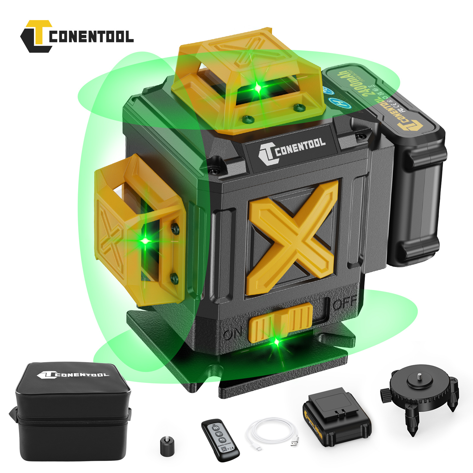 Laser Level Self Leveling 4 Degrees, 4d 16 Lines Green Laser Level With 2 X Batteries, Adjustable Tripod, Swivel Base, Remote Control And Wall Bracket, And Dustproof
