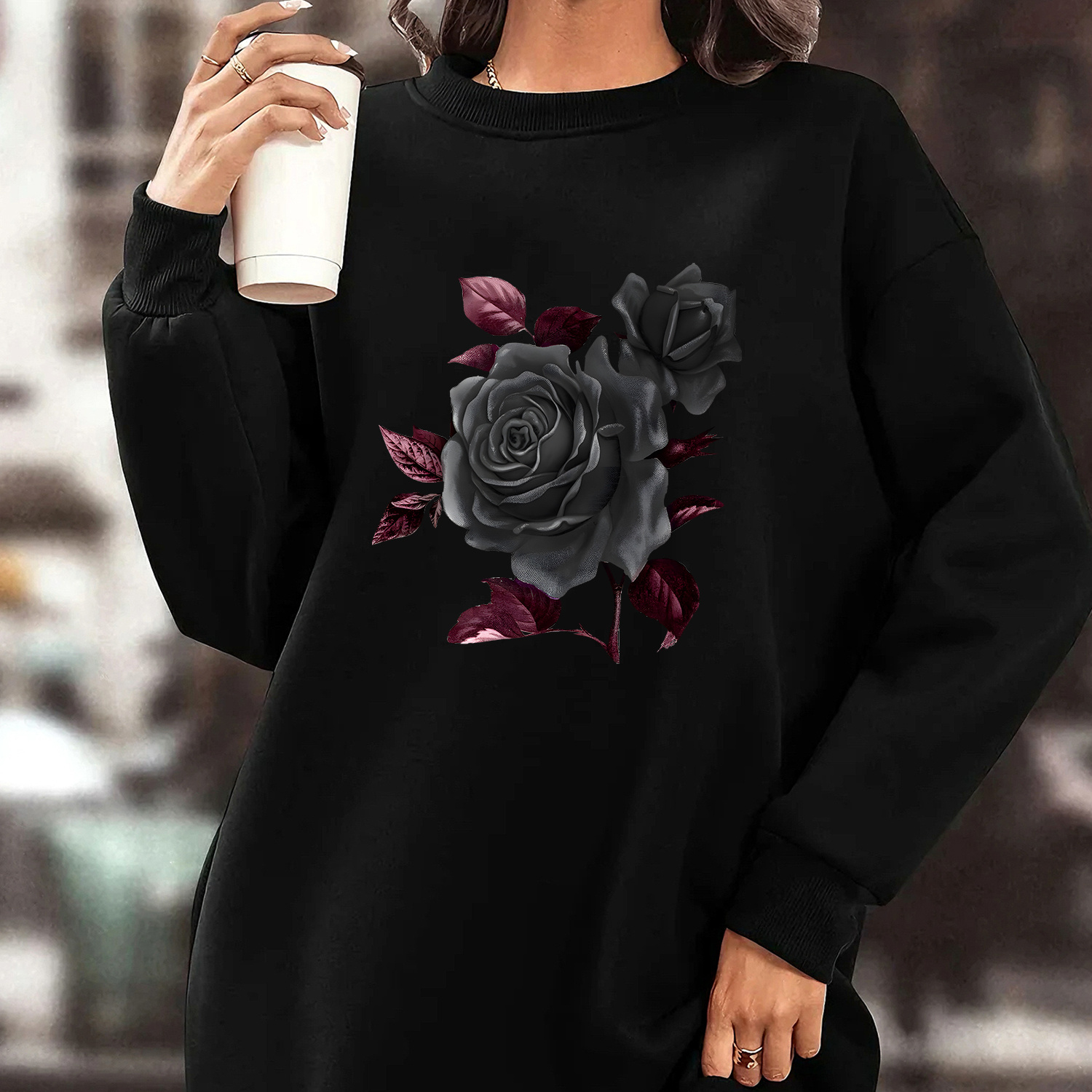 

Women's Plus Size Black Print Sweatshirt Dress, Casual Long Sleeve Crew Neck Knit Polyester Pullover With Pocket, Stretch, Big-tall Silhouette For Weekend Casual - Fall/winter Collection