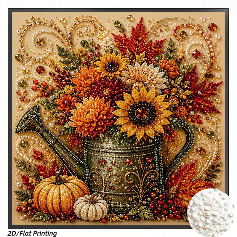 TEMU Frameless Pearl Diamond Painting Kit, Featuring A Colorful Autumn Floral And Teapot Design. An And Easy-to-end , Measuring 11.8 X 11.8 Inches,