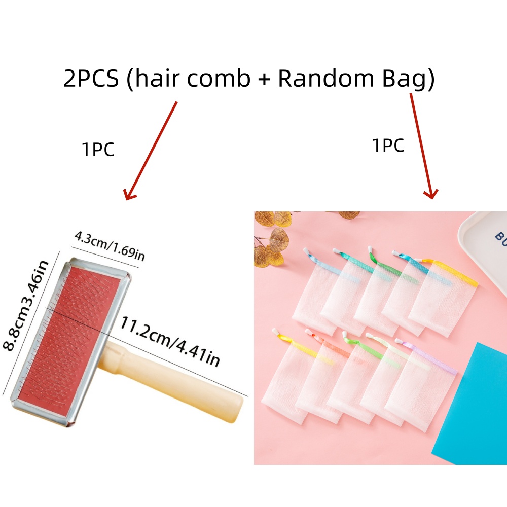 TEMU 2pcs Set (hair Comb Random Color Bubble Mesh Bag) Stainless Steel Fur Plush Toy Brush Hair Comb Wooden Handle Wire Brush Cleaning Brush Pet Comb