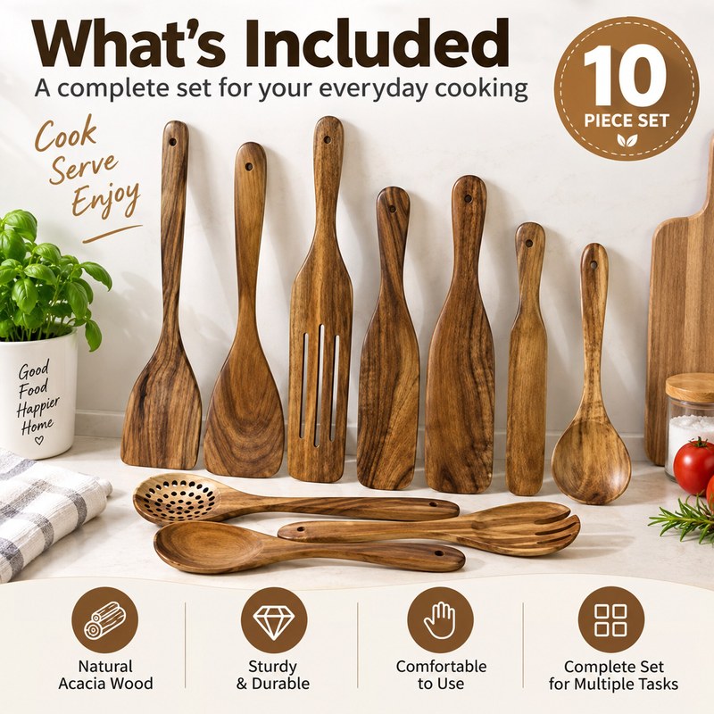 Image of 10pcs Acacia Wood Kitchen Utensil Set, Natural Wooden Cooking Spoons Spatulas Slotted Turner Serving Tools, Cookware Friendly Heat Resistant Durable Kitchenware