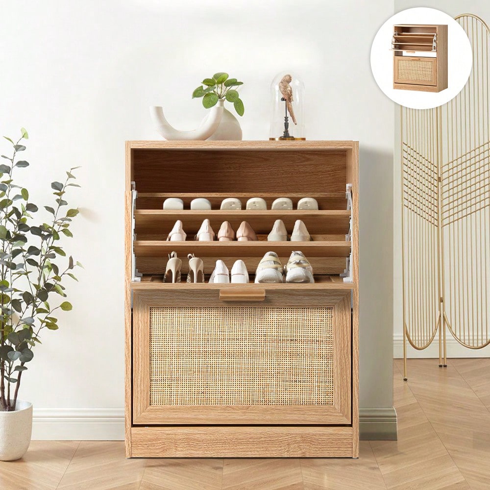 TEMU Shoe Storage Unit With 2 Doors, Organizer For Up To 30 Pairs Of Shoes, Featuring A Rattan Shelf